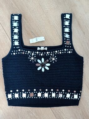 J. Crew Black Crocheted Embellished Tank Top